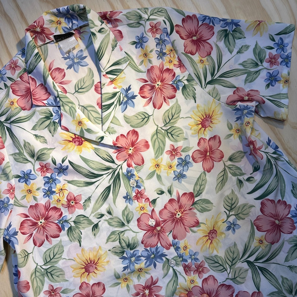 BonWorth Womens Large White Floral Short Sleeve Button Up Shirt Casual